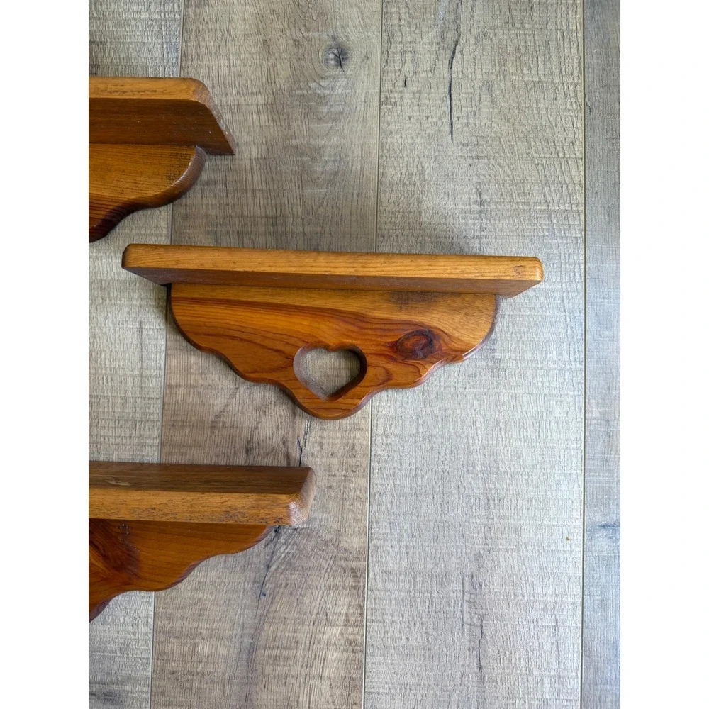 Vintage Solid Wood Heart Cutout Floating Wall Shelves Set of 3 Country Farmhouse